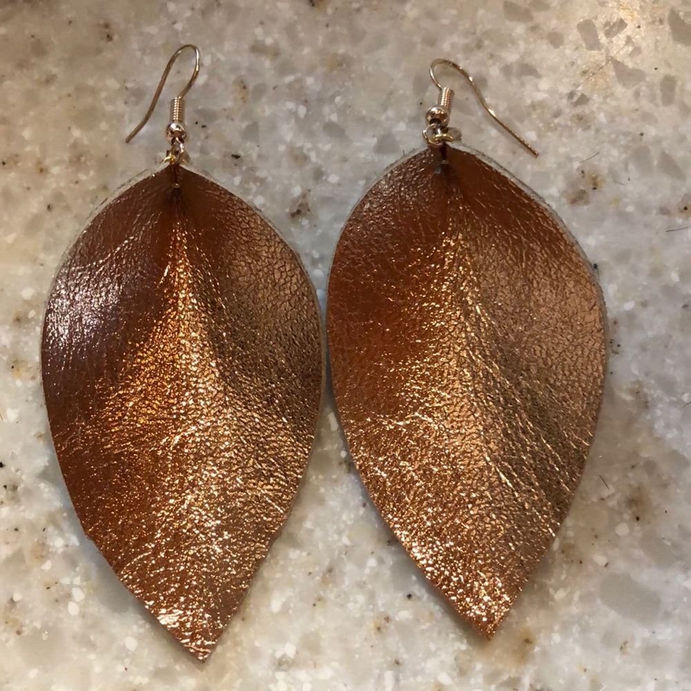 Rose gold genuine leather leaf earrings